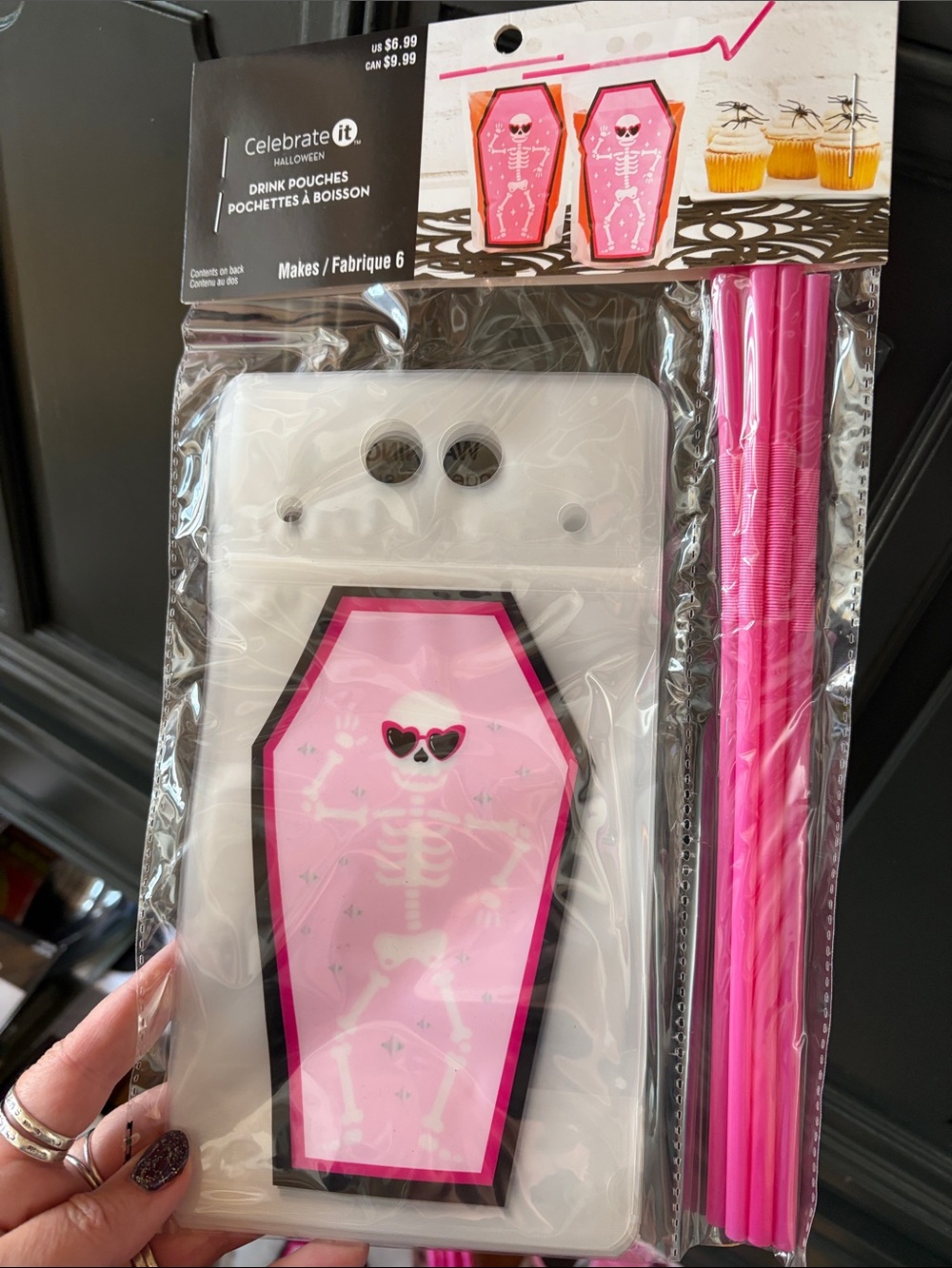 Celebrate It Pink Skeleton Coffin Drink Pouches with Pink Straws